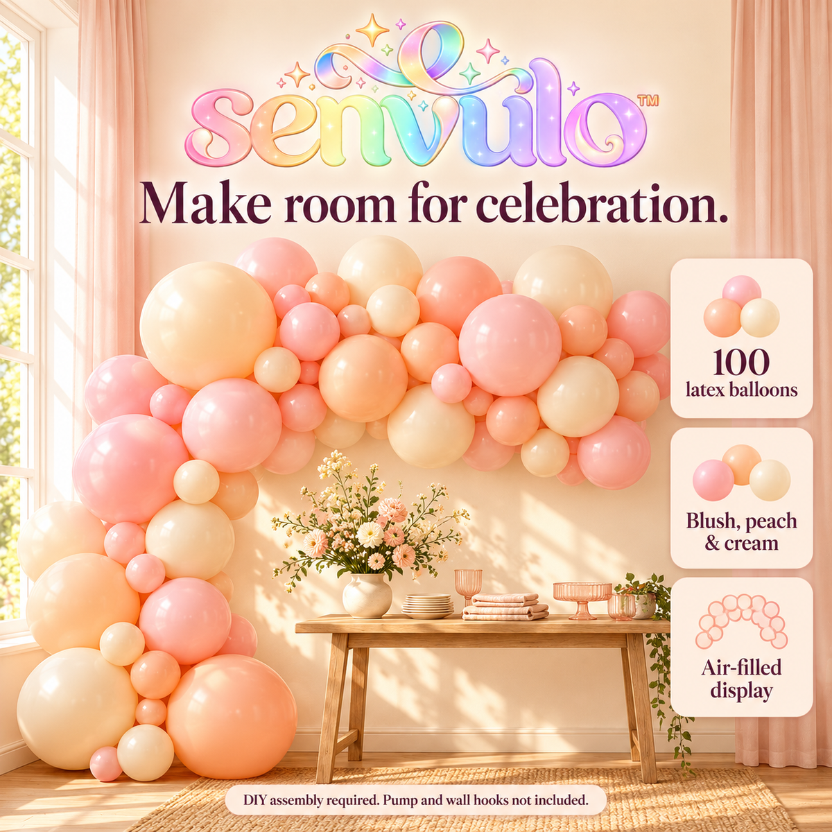 senvulo™ Peach Social Balloon Garland Kit, 100 Latex Balloons with Decorating Strip, Blush Peach & Cream Birthday and Bridal Shower Decorations