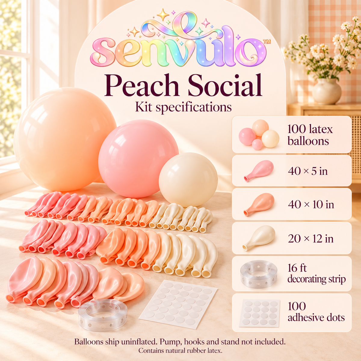 senvulo™ Peach Social Balloon Garland Kit, 100 Latex Balloons with Decorating Strip, Blush Peach & Cream Birthday and Bridal Shower Decorations