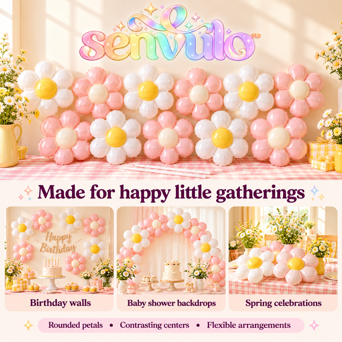 senvulo™ Daisy Pop Flower Balloon Kit, 12 Daisy-Shaped Foil Balloons, 18-Inch Air-Filled Spring Birthday and Baby Shower Decorations