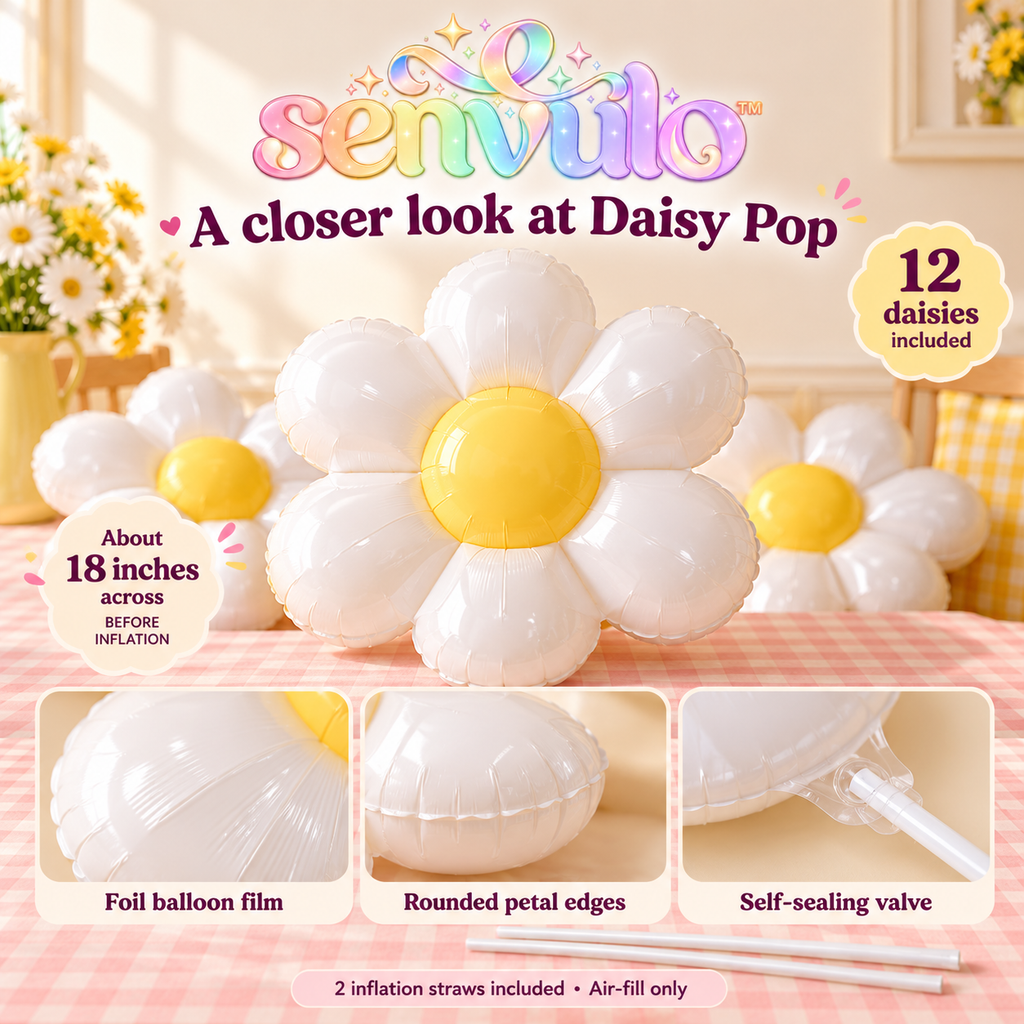 senvulo™ Daisy Pop Flower Balloon Kit, 12 Daisy-Shaped Foil Balloons, 18-Inch Air-Filled Spring Birthday and Baby Shower Decorations