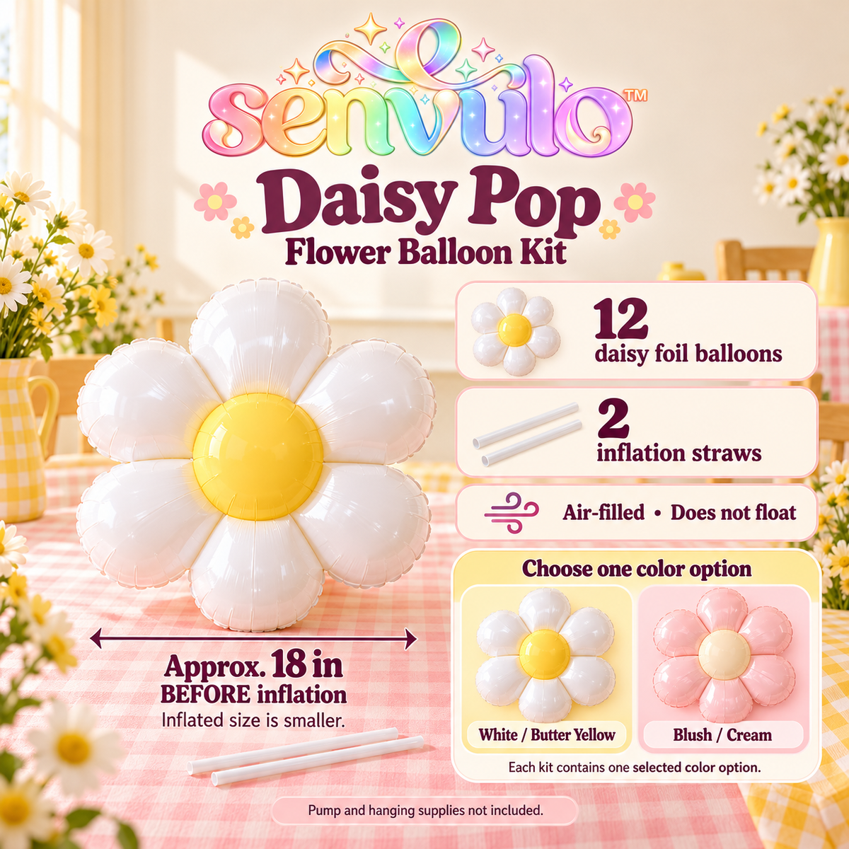 senvulo™ Daisy Pop Flower Balloon Kit, 12 Daisy-Shaped Foil Balloons, 18-Inch Air-Filled Spring Birthday and Baby Shower Decorations