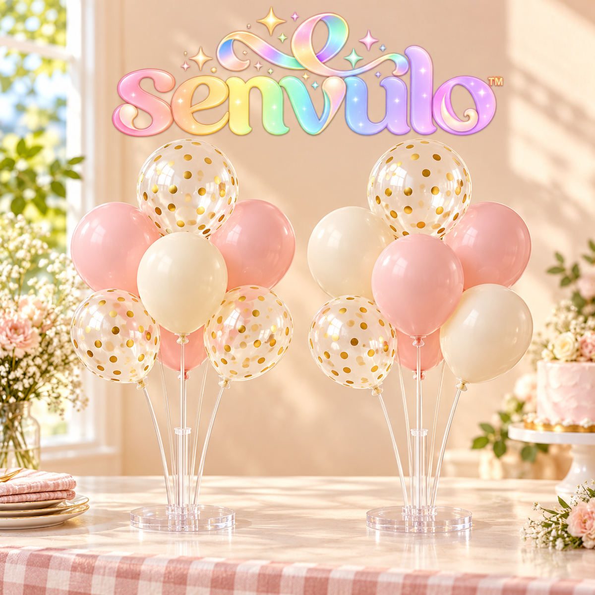 senvulo™ Tabletop Confetti Balloon Centerpiece Kit, 2 Clear Balloon Stands with 20 Latex Balloons, Birthday and Graduation Table Decorations