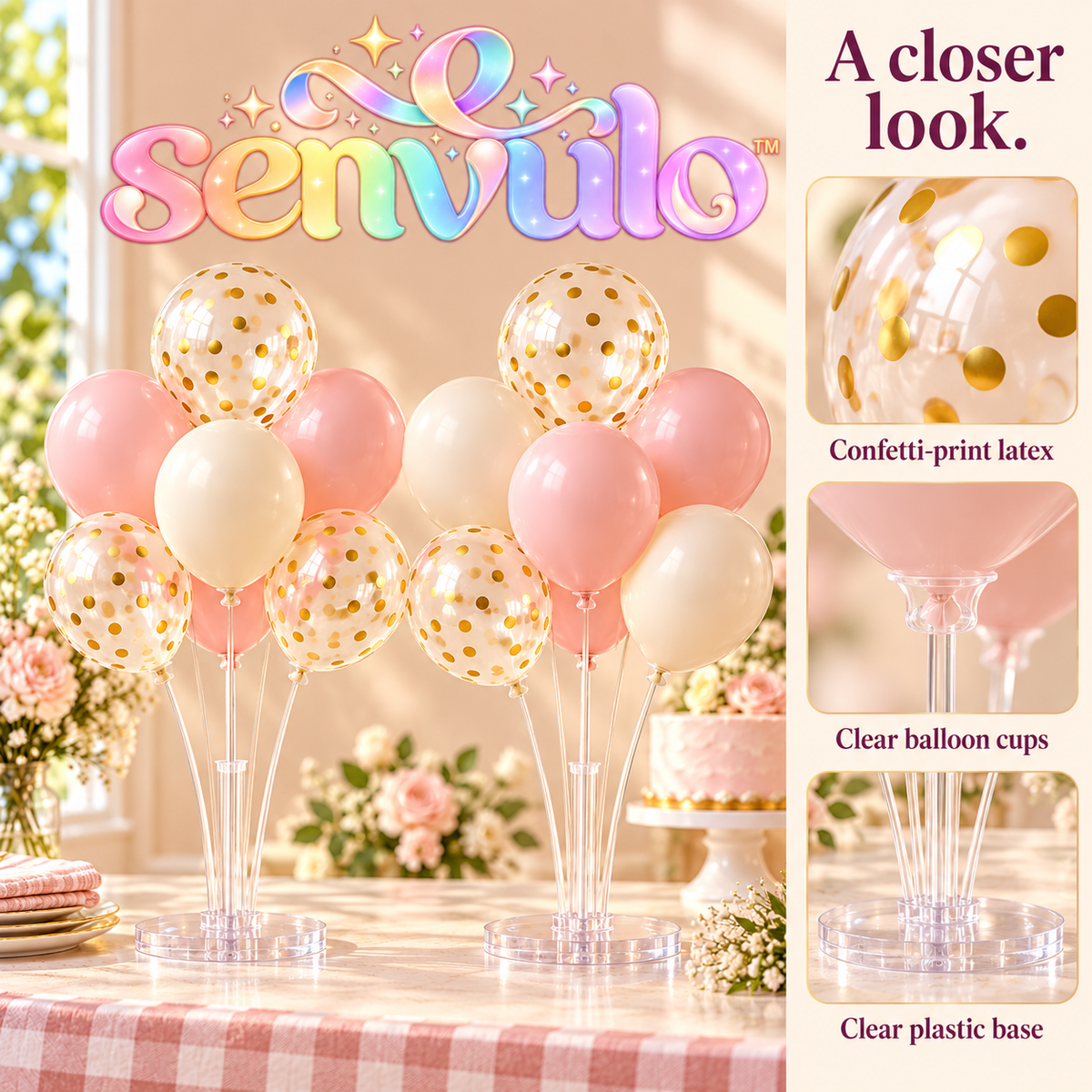 senvulo™ Tabletop Confetti Balloon Centerpiece Kit, 2 Clear Balloon Stands with 20 Latex Balloons, Birthday and Graduation Table Decorations