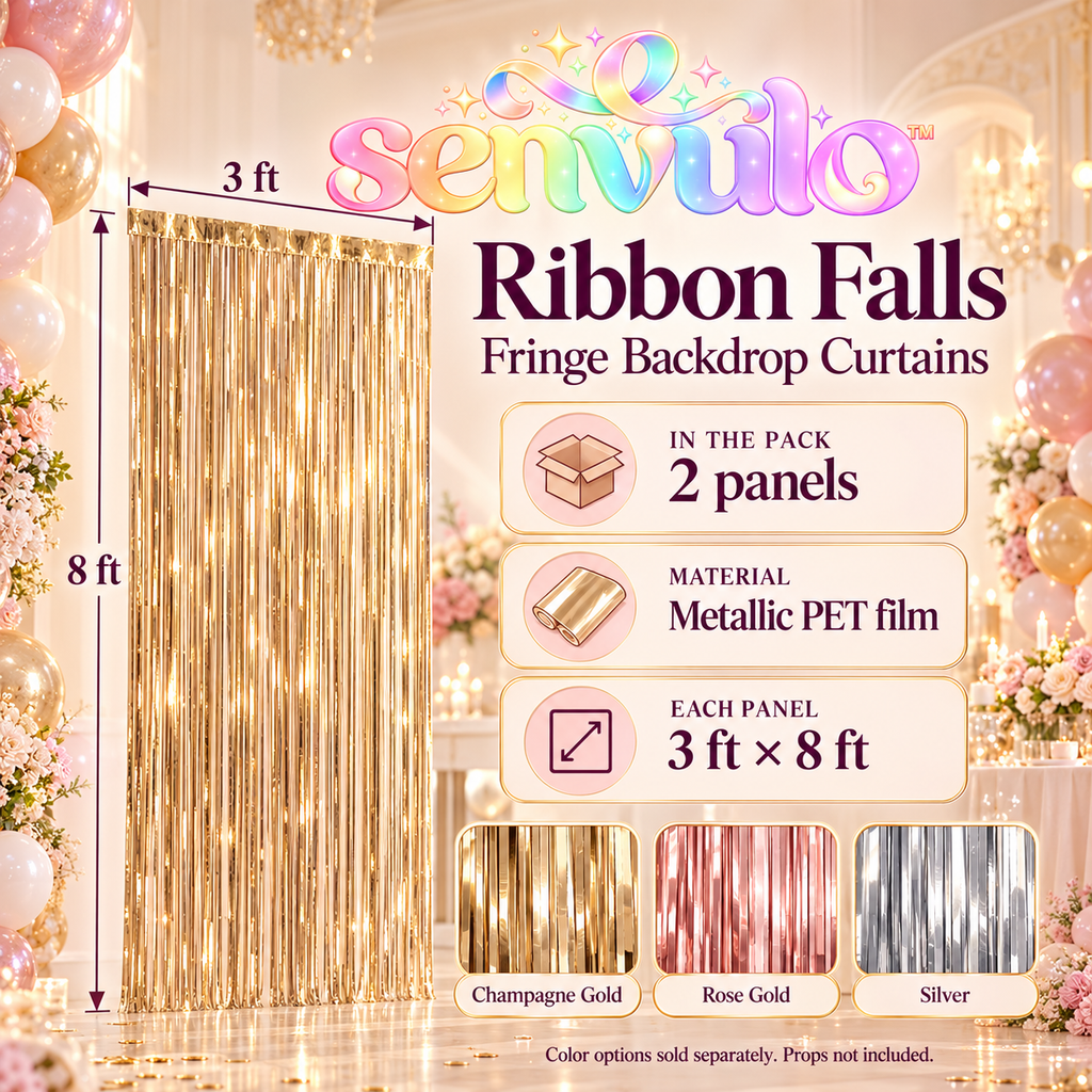 senvulo™ Ribbon Falls Foil Fringe Backdrop Curtains, 2-Pack 3 ft. x 8 ft., Metallic Photo Booth and Birthday Party Wall Decorations