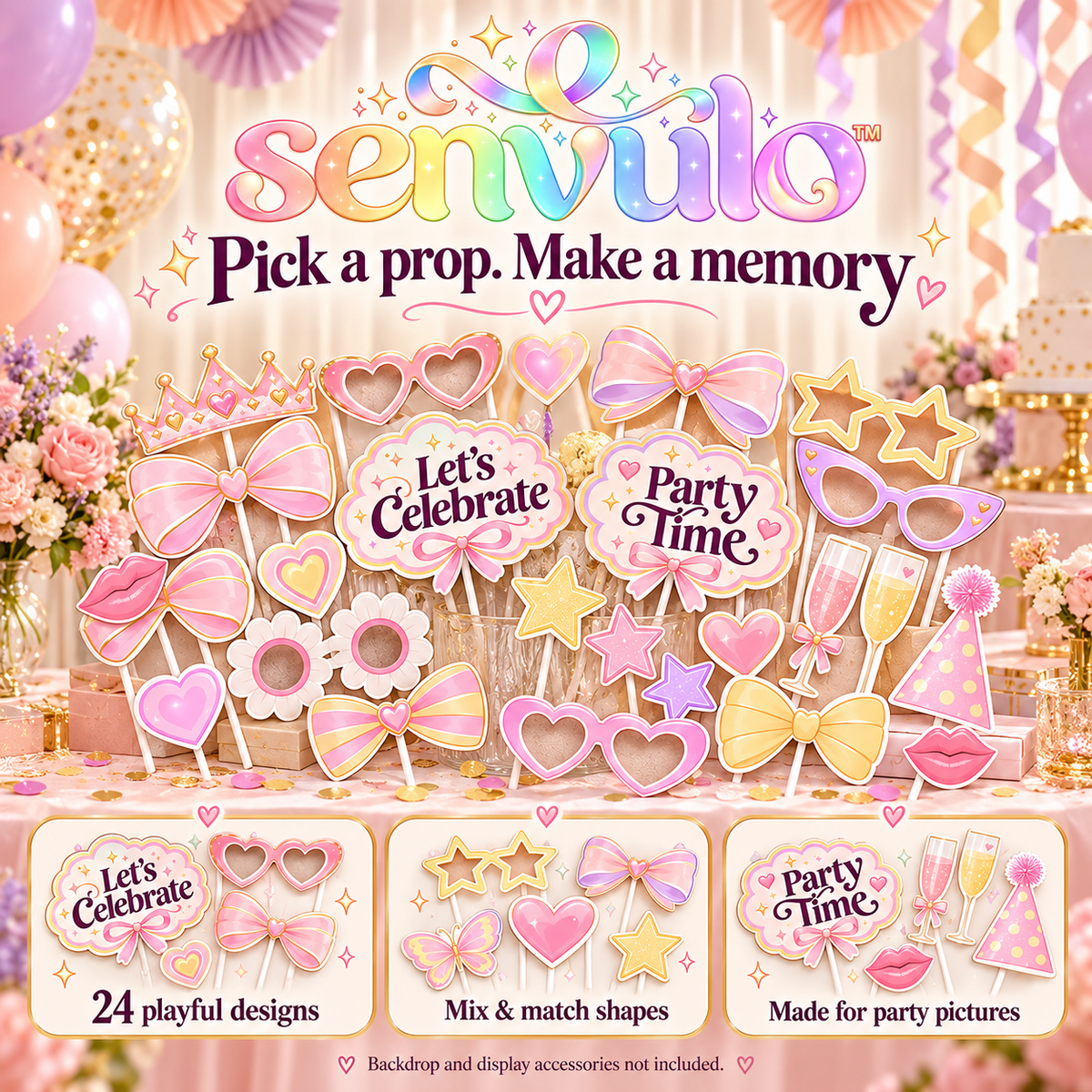 senvulo™ Snap & Celebrate Photo Booth Props Kit, 24-Piece Cardstock Glasses, Bows, Stars and Party Signs for Birthday and Graduation Pictures