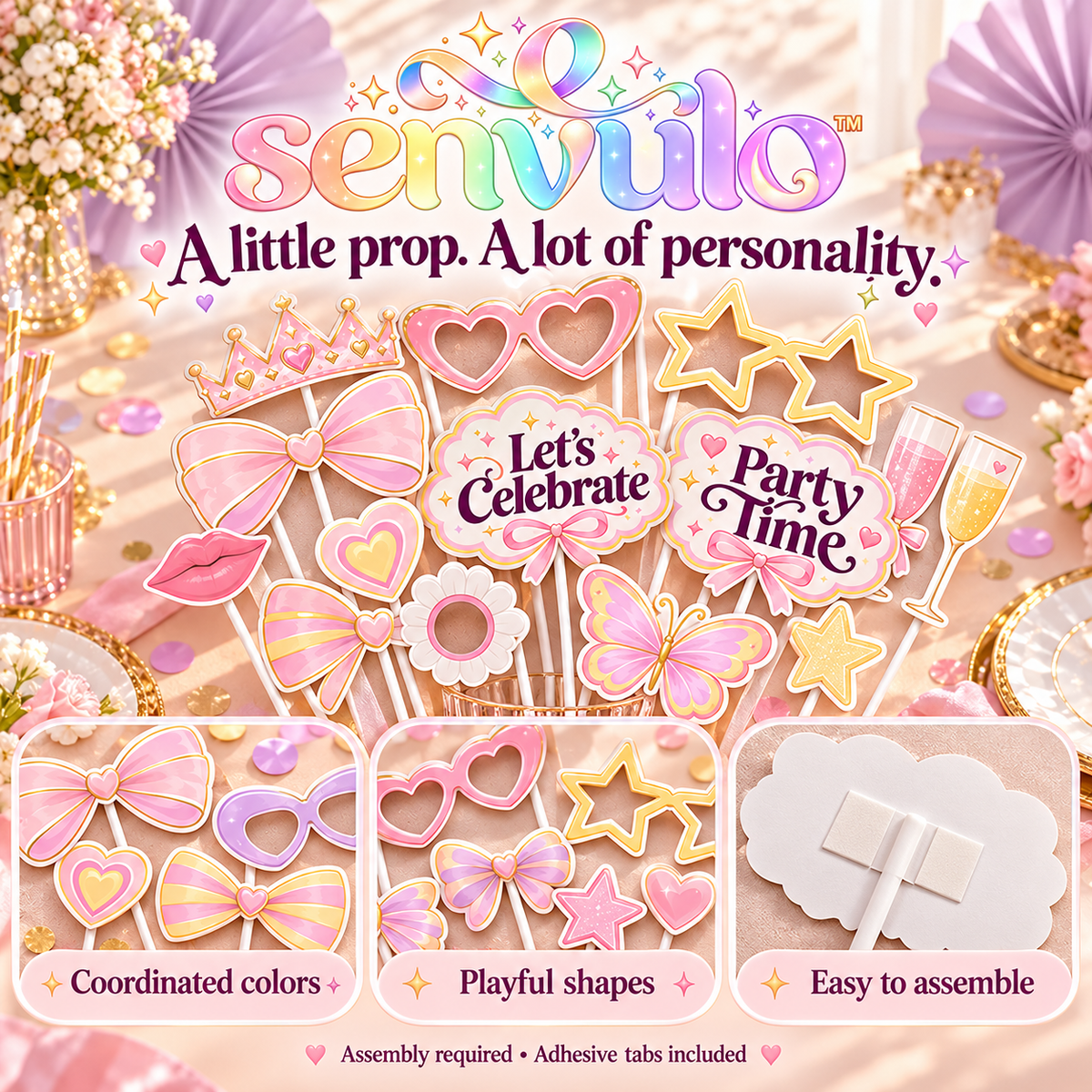 senvulo™ Snap & Celebrate Photo Booth Props Kit, 24-Piece Cardstock Glasses, Bows, Stars and Party Signs for Birthday and Graduation Pictures