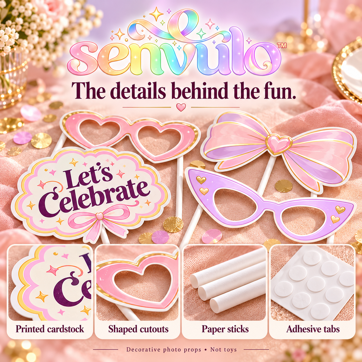 senvulo™ Snap & Celebrate Photo Booth Props Kit, 24-Piece Cardstock Glasses, Bows, Stars and Party Signs for Birthday and Graduation Pictures