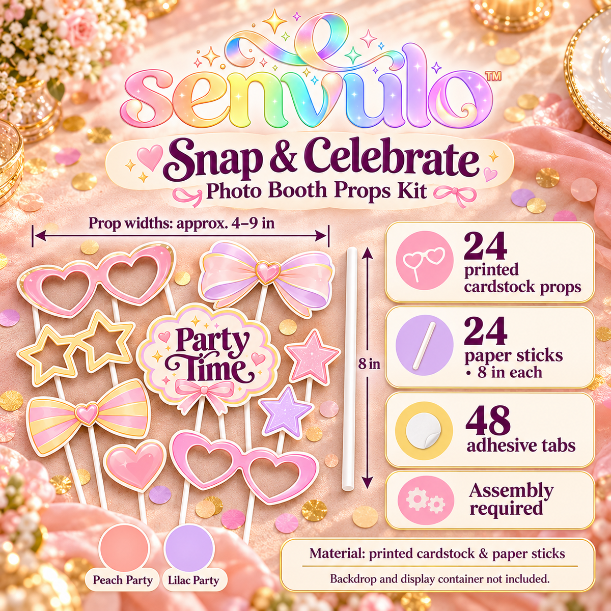 senvulo™ Snap & Celebrate Photo Booth Props Kit, 24-Piece Cardstock Glasses, Bows, Stars and Party Signs for Birthday and Graduation Pictures