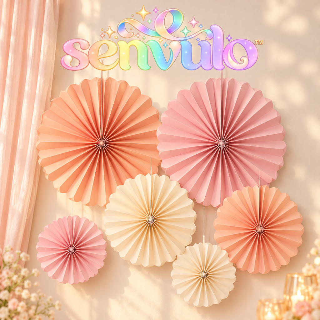 senvulo™ Folded Bloom Paper Fan Decorations, 6-Pack Hanging Rosette Fans in 8, 12 and 16 Inches for Birthday and Shower Party Backdrops