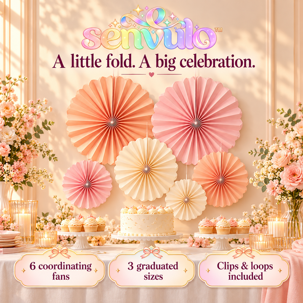 senvulo™ Folded Bloom Paper Fan Decorations, 6-Pack Hanging Rosette Fans in 8, 12 and 16 Inches for Birthday and Shower Party Backdrops