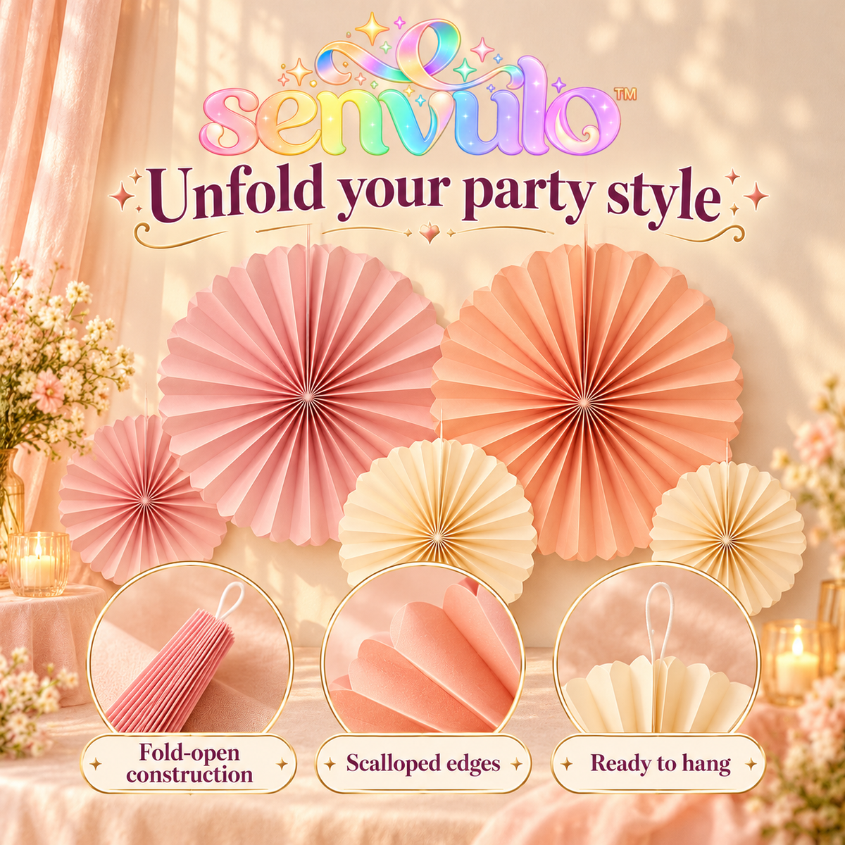 senvulo™ Folded Bloom Paper Fan Decorations, 6-Pack Hanging Rosette Fans in 8, 12 and 16 Inches for Birthday and Shower Party Backdrops