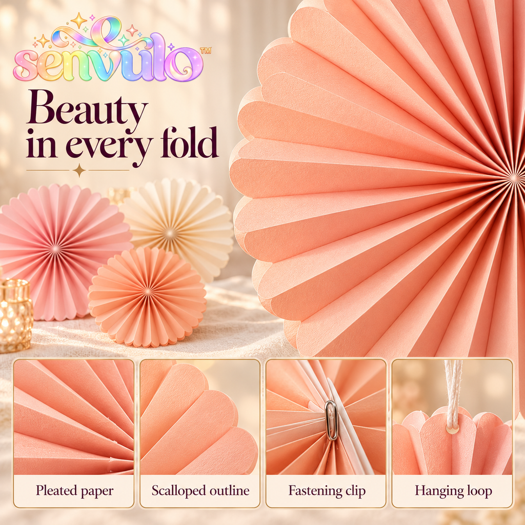 senvulo™ Folded Bloom Paper Fan Decorations, 6-Pack Hanging Rosette Fans in 8, 12 and 16 Inches for Birthday and Shower Party Backdrops