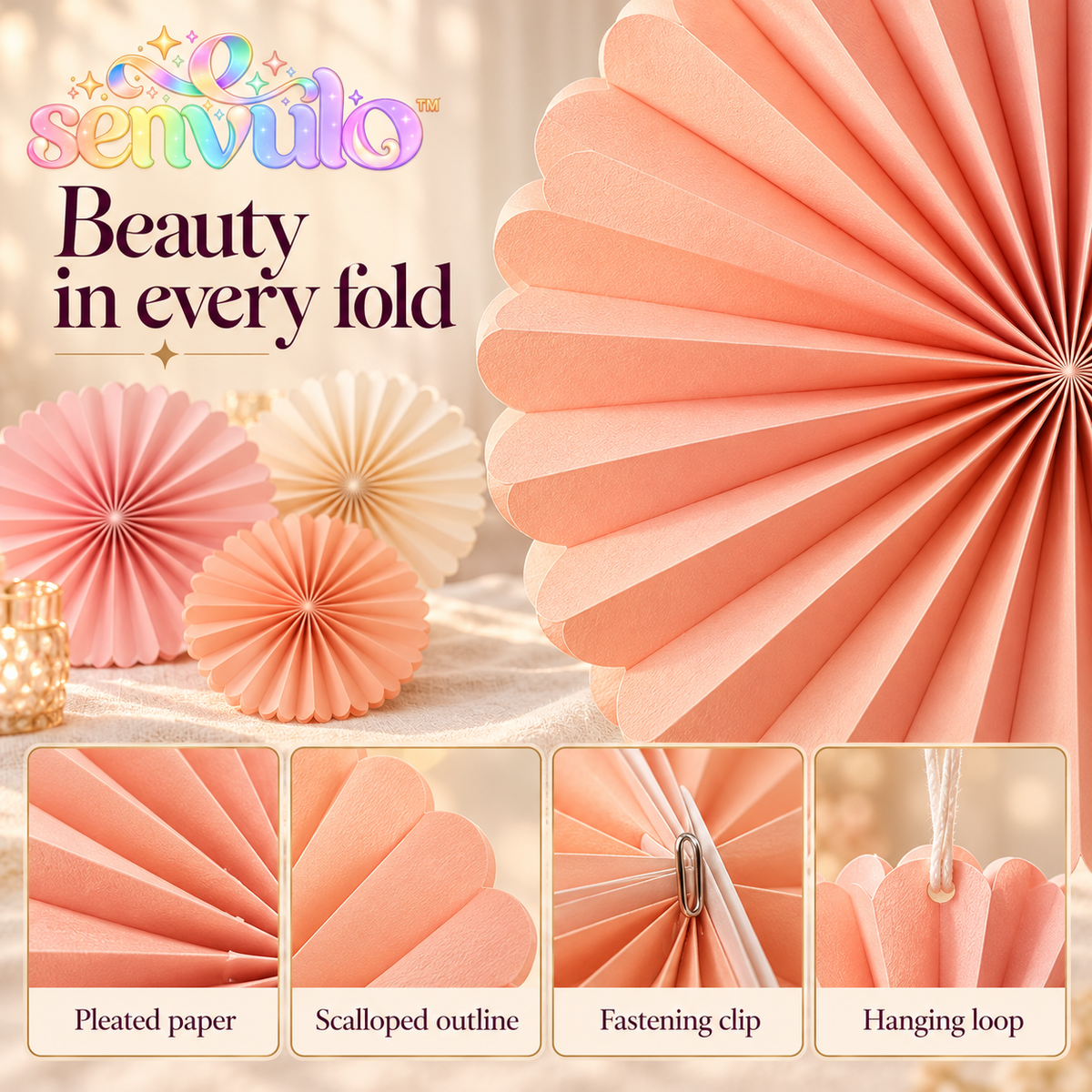 senvulo™ Folded Bloom Paper Fan Decorations, 6-Pack Hanging Rosette Fans in 8, 12 and 16 Inches for Birthday and Shower Party Backdrops
