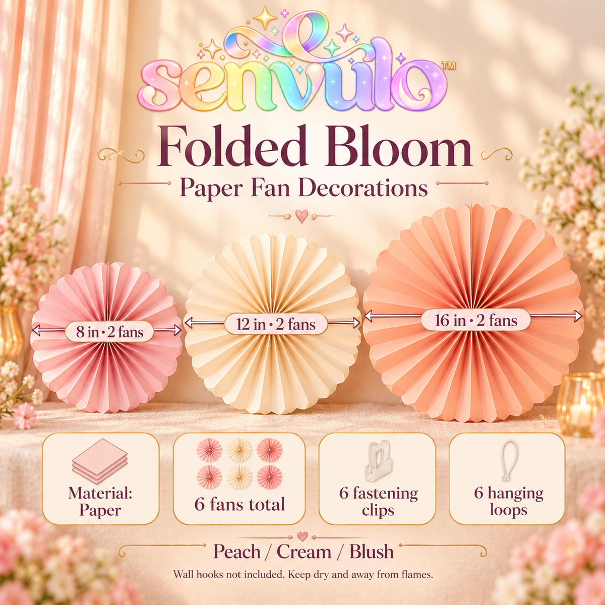 senvulo™ Folded Bloom Paper Fan Decorations, 6-Pack Hanging Rosette Fans in 8, 12 and 16 Inches for Birthday and Shower Party Backdrops