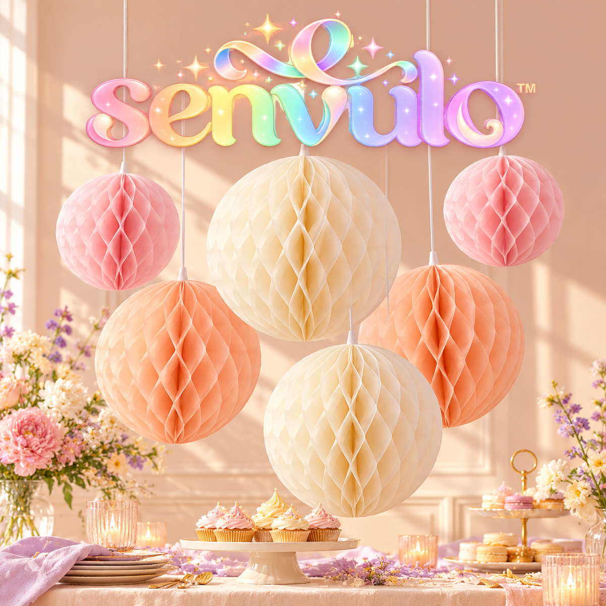 senvulo™ Cloud Cluster Honeycomb Paper Balls, 6-Pack 6, 8 and 10-Inch Hanging Decorations for Baby Showers, Birthdays and Party Ceilings