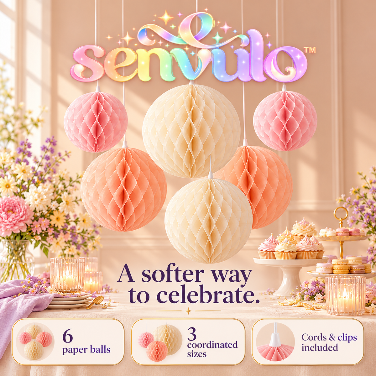 senvulo™ Cloud Cluster Honeycomb Paper Balls, 6-Pack 6, 8 and 10-Inch Hanging Decorations for Baby Showers, Birthdays and Party Ceilings
