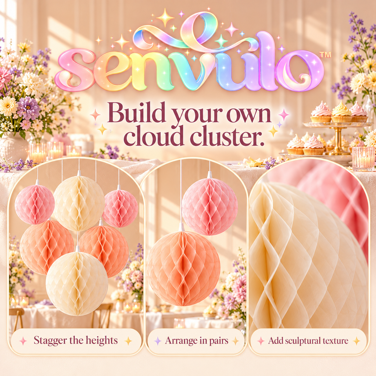 senvulo™ Cloud Cluster Honeycomb Paper Balls, 6-Pack 6, 8 and 10-Inch Hanging Decorations for Baby Showers, Birthdays and Party Ceilings