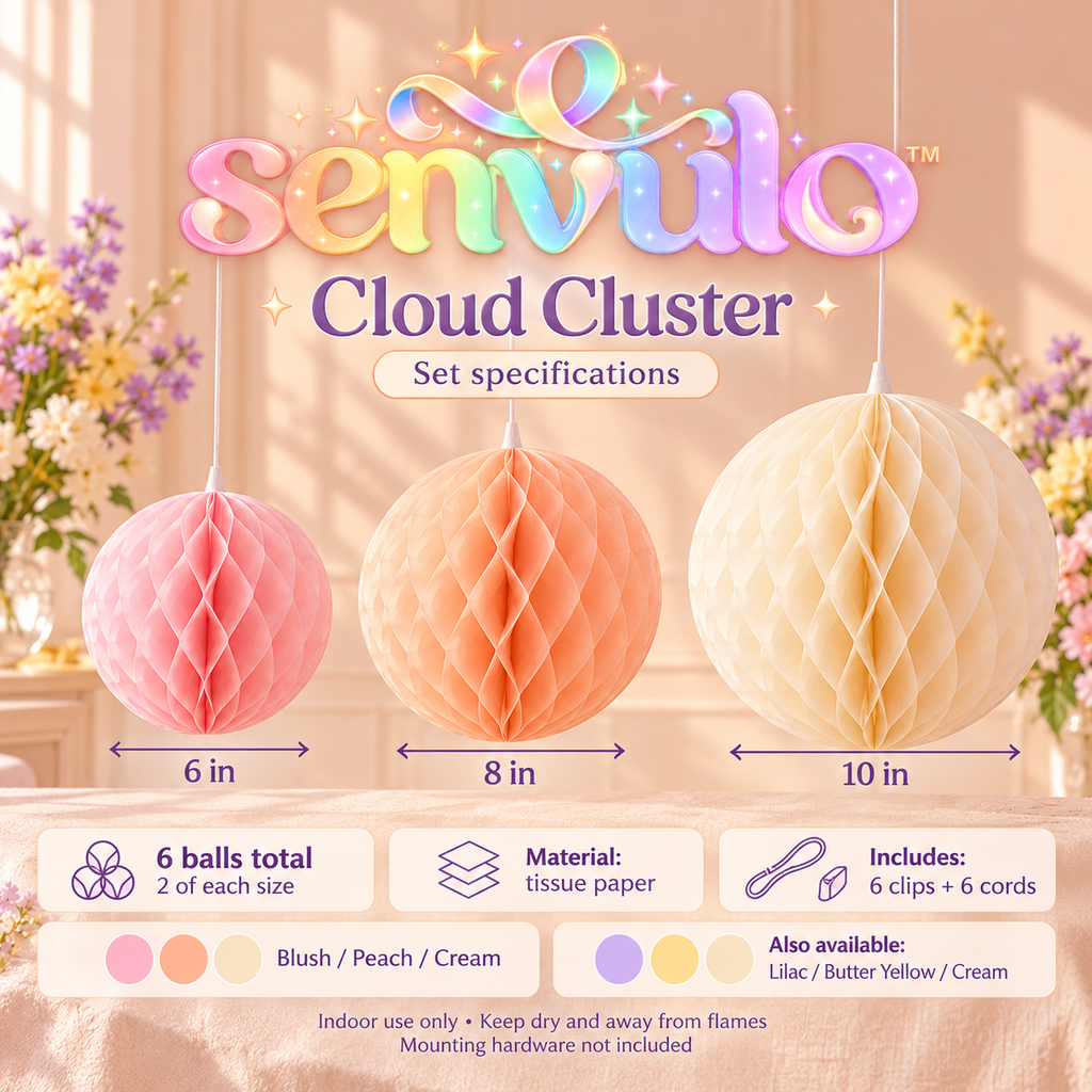 senvulo™ Cloud Cluster Honeycomb Paper Balls, 6-Pack 6, 8 and 10-Inch Hanging Decorations for Baby Showers, Birthdays and Party Ceilings