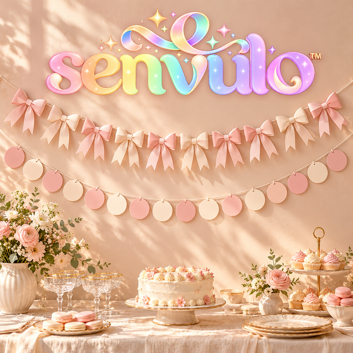 senvulo™ Bow & Flutter Paper Garland Set, 2-Pack 6-Foot Bow and Circle Banners for Birthday, Bridal Shower and Dessert Table Decorations