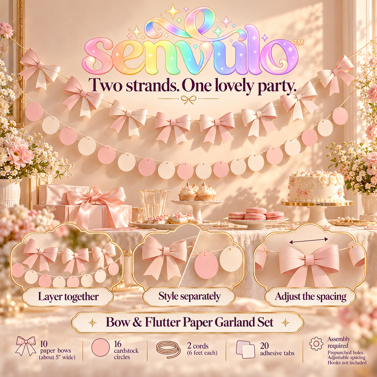 senvulo™ Bow & Flutter Paper Garland Set, 2-Pack 6-Foot Bow and Circle Banners for Birthday, Bridal Shower and Dessert Table Decorations