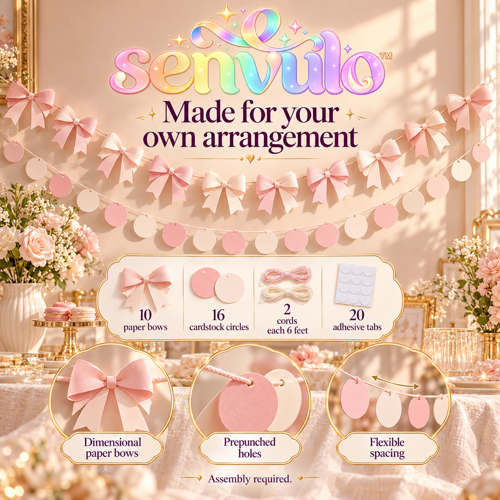 senvulo™ Bow & Flutter Paper Garland Set, 2-Pack 6-Foot Bow and Circle Banners for Birthday, Bridal Shower and Dessert Table Decorations