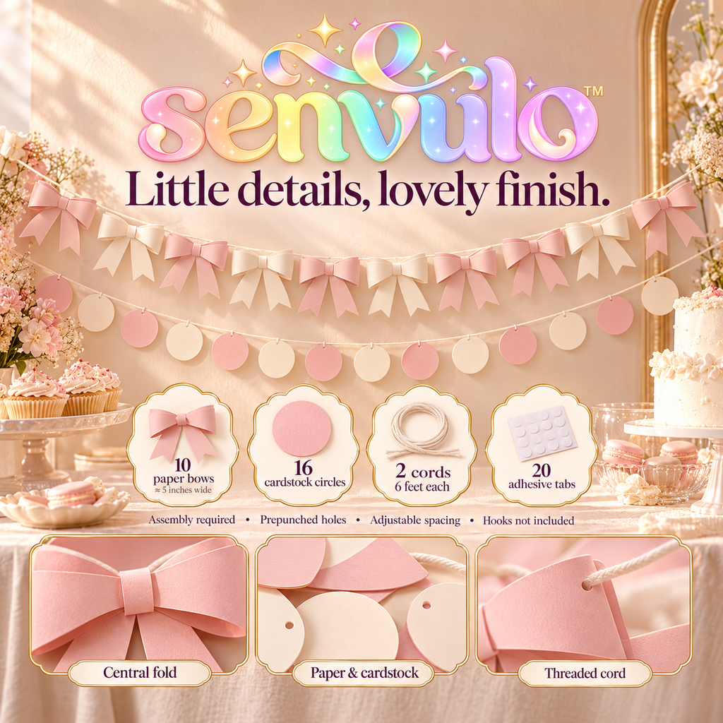senvulo™ Bow & Flutter Paper Garland Set, 2-Pack 6-Foot Bow and Circle Banners for Birthday, Bridal Shower and Dessert Table Decorations