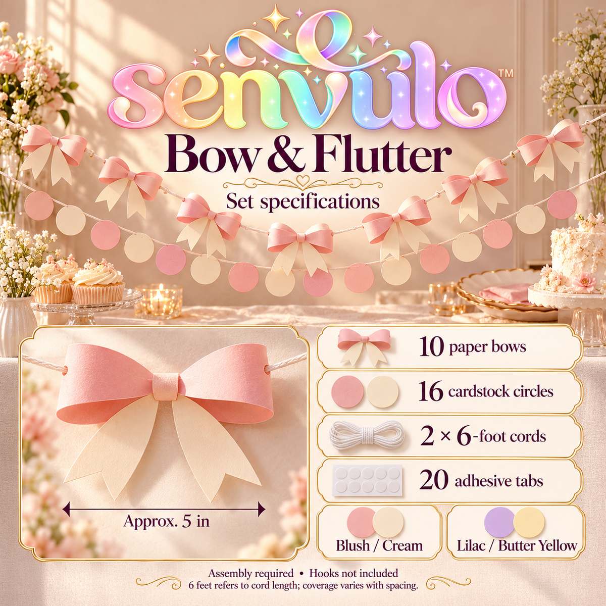 senvulo™ Bow & Flutter Paper Garland Set, 2-Pack 6-Foot Bow and Circle Banners for Birthday, Bridal Shower and Dessert Table Decorations