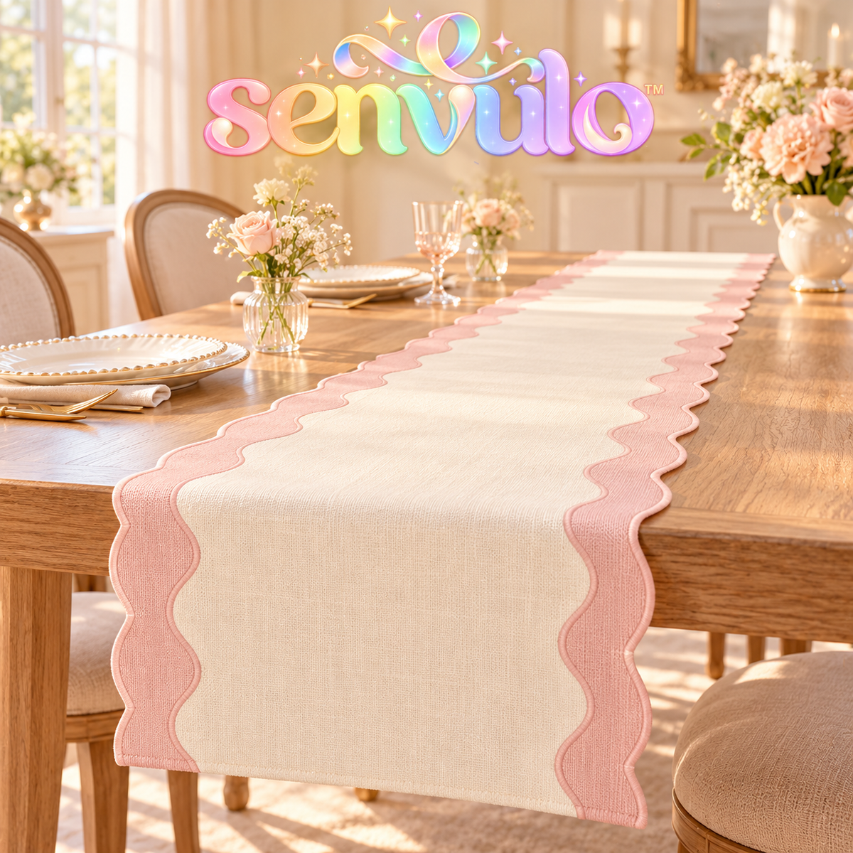 senvulo™ Wavy Edge Fabric Table Runner, 14 x 108 Inches, Two-Tone Polyester Buffet and Dessert Table Decor for Birthdays and Bridal Showers