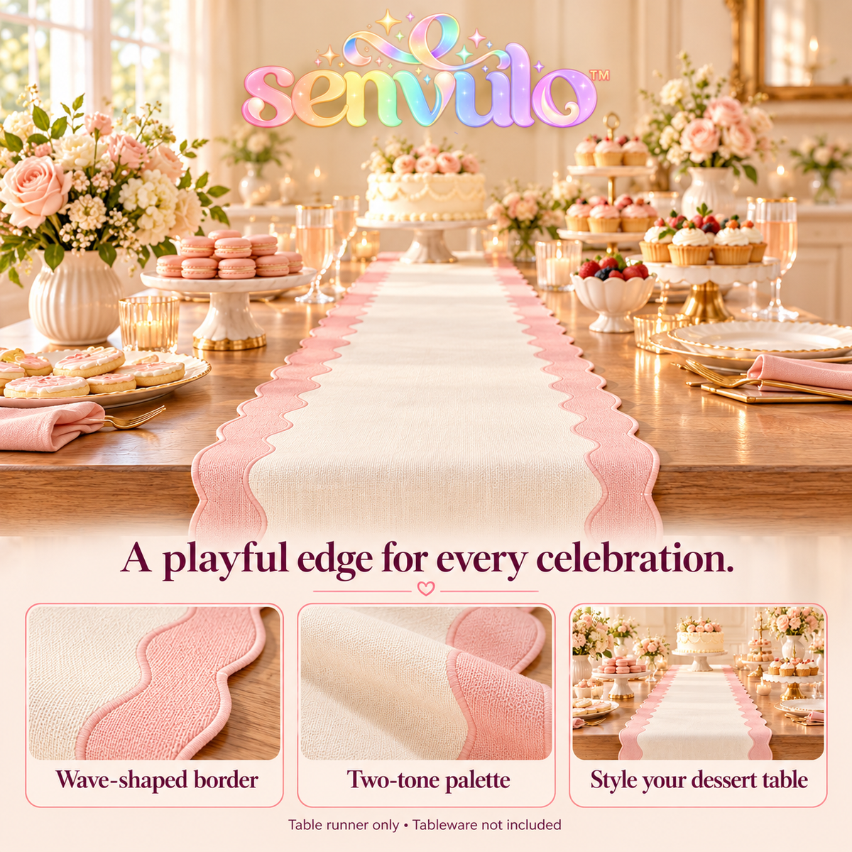 senvulo™ Wavy Edge Fabric Table Runner, 14 x 108 Inches, Two-Tone Polyester Buffet and Dessert Table Decor for Birthdays and Bridal Showers