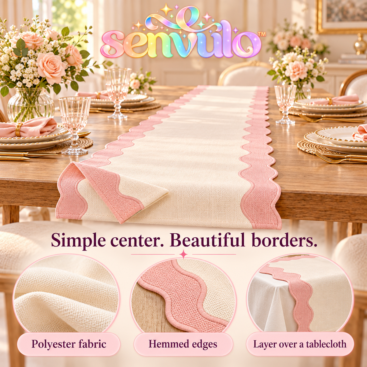 senvulo™ Wavy Edge Fabric Table Runner, 14 x 108 Inches, Two-Tone Polyester Buffet and Dessert Table Decor for Birthdays and Bridal Showers