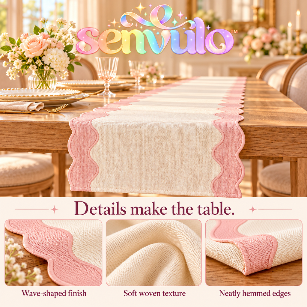 senvulo™ Wavy Edge Fabric Table Runner, 14 x 108 Inches, Two-Tone Polyester Buffet and Dessert Table Decor for Birthdays and Bridal Showers