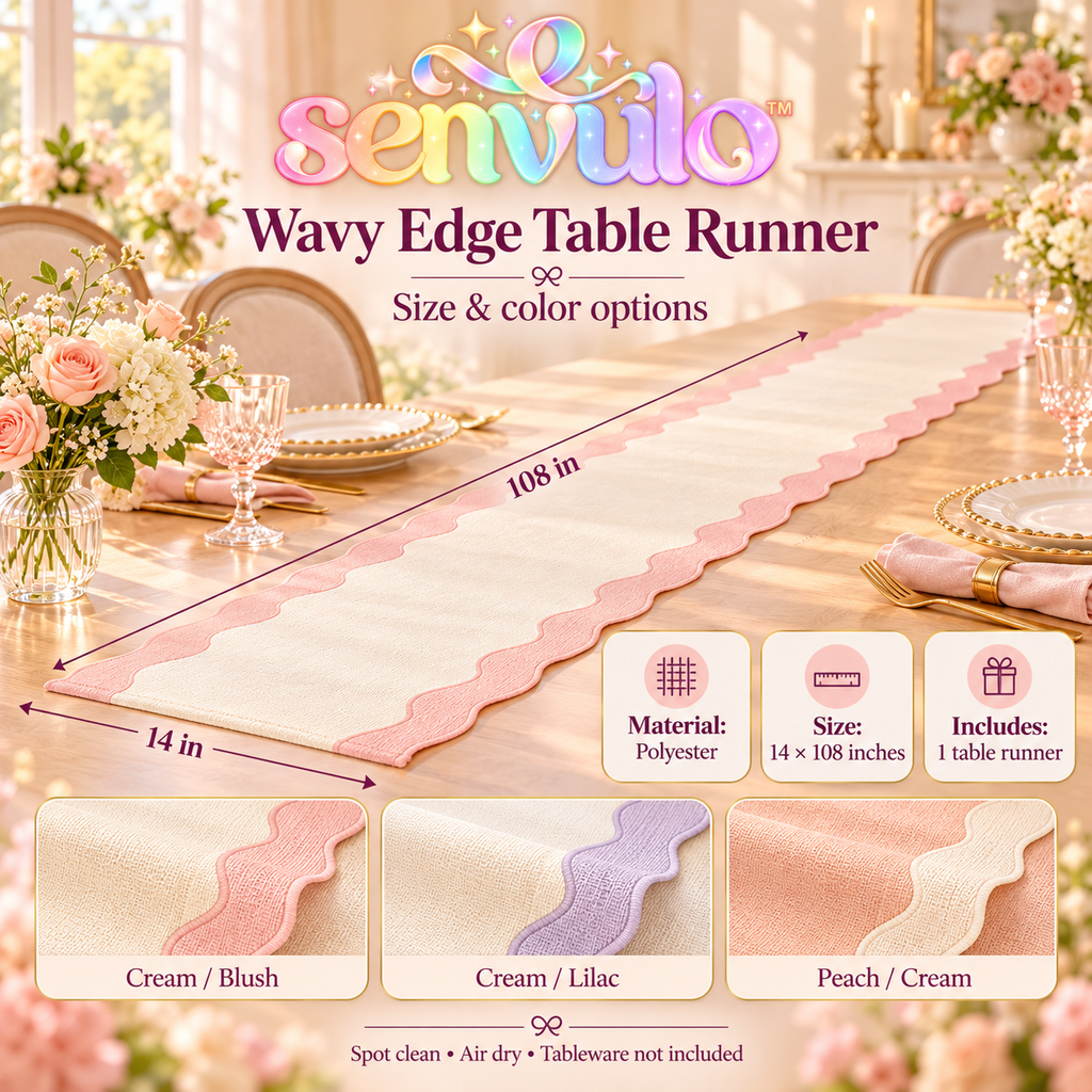 senvulo™ Wavy Edge Fabric Table Runner, 14 x 108 Inches, Two-Tone Polyester Buffet and Dessert Table Decor for Birthdays and Bridal Showers