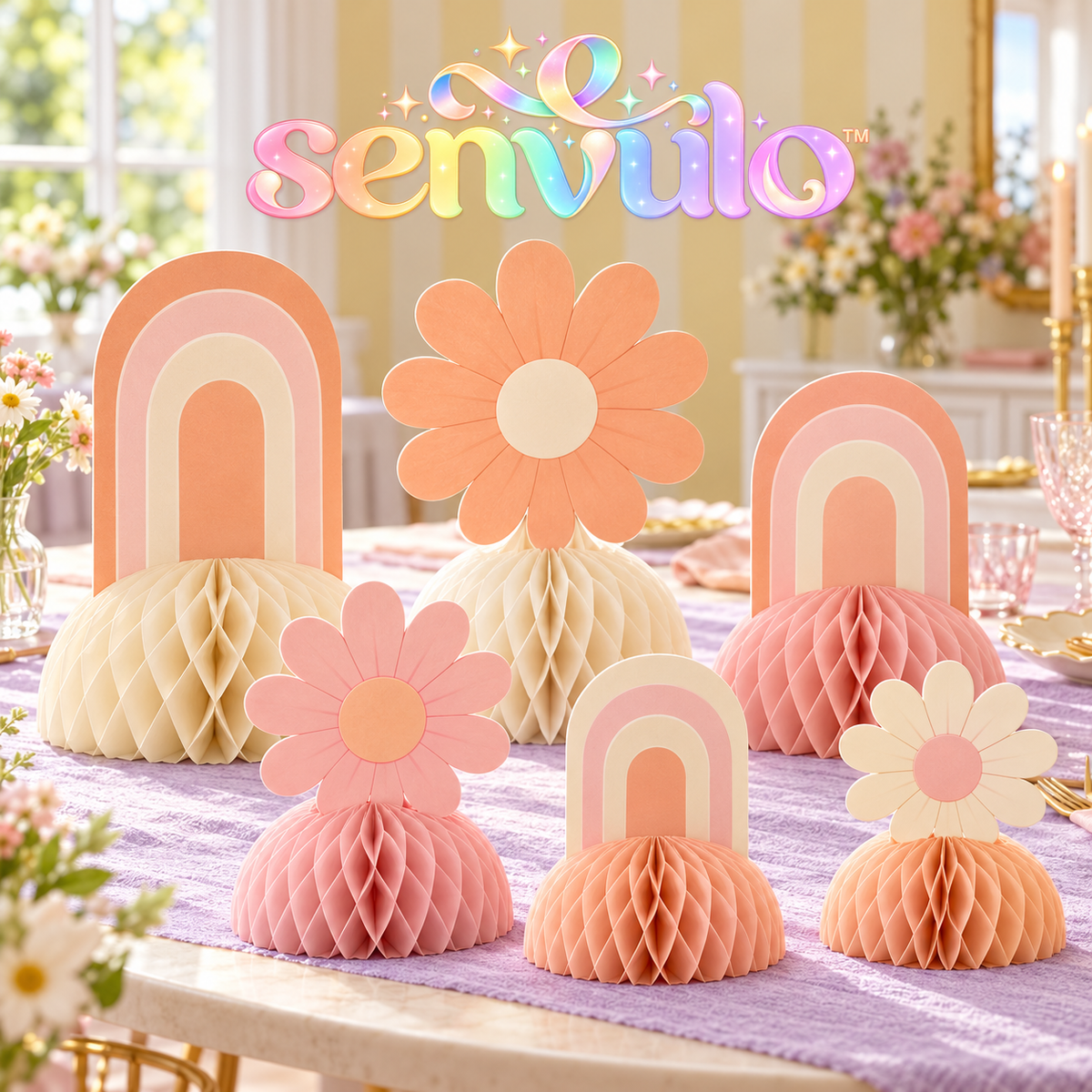 senvulo™ Petal Parade Honeycomb Table Centerpieces, 6-Piece Freestanding Paper Flower and Arch Decorations for Birthday and Baby Shower Tables