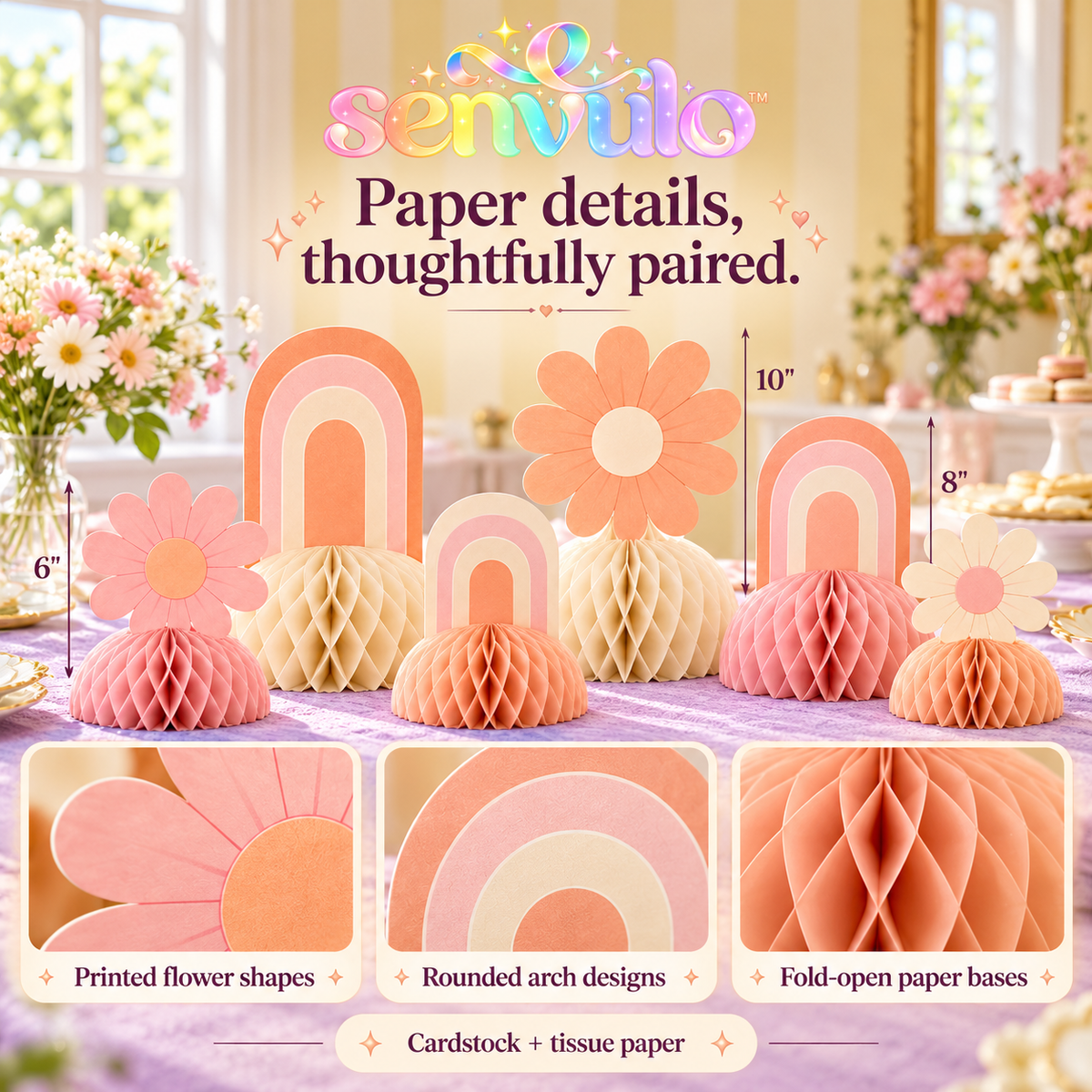 senvulo™ Petal Parade Honeycomb Table Centerpieces, 6-Piece Freestanding Paper Flower and Arch Decorations for Birthday and Baby Shower Tables