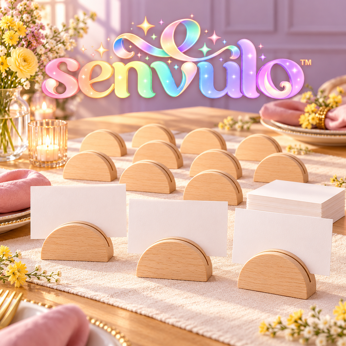 senvulo™ Half-Moon Wood Place Card Holders with Blank Cards, 12-Pack Table Number and Buffet Label Stands for Weddings, Showers and Dinner Parties