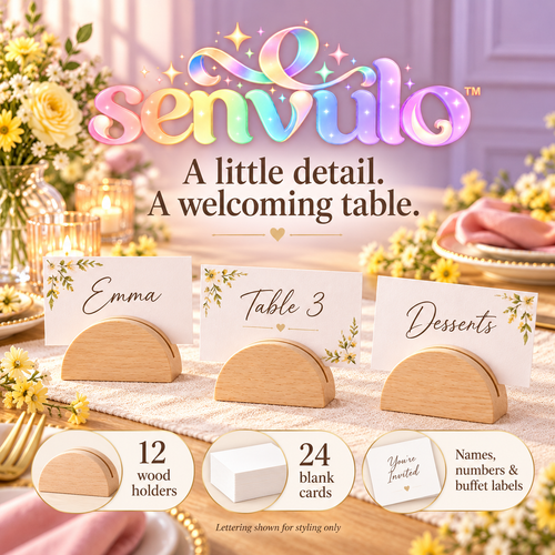 senvulo™ Half-Moon Wood Place Card Holders with Blank Cards, 12-Pack Table Number and Buffet Label Stands for Weddings, Showers and Dinner Parties