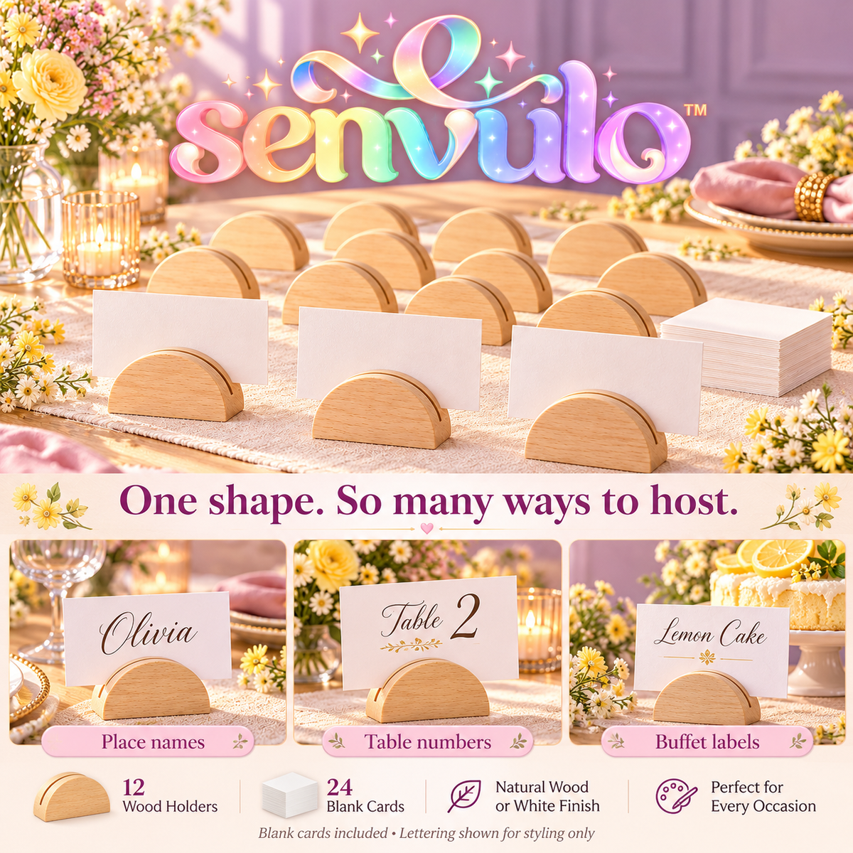 senvulo™ Half-Moon Wood Place Card Holders with Blank Cards, 12-Pack Table Number and Buffet Label Stands for Weddings, Showers and Dinner Parties