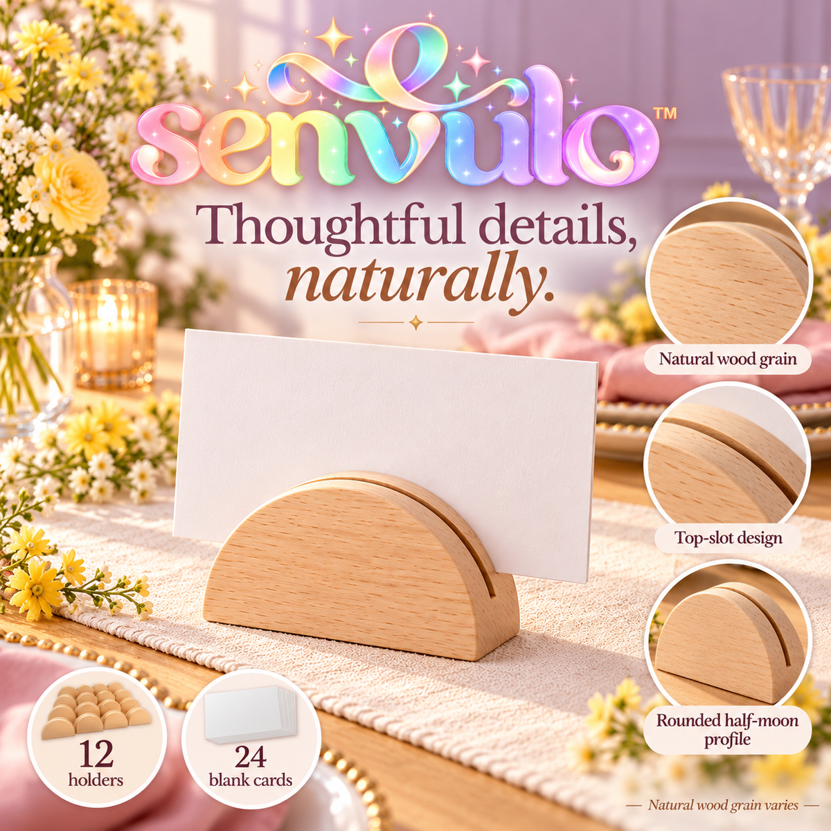 senvulo™ Half-Moon Wood Place Card Holders with Blank Cards, 12-Pack Table Number and Buffet Label Stands for Weddings, Showers and Dinner Parties
