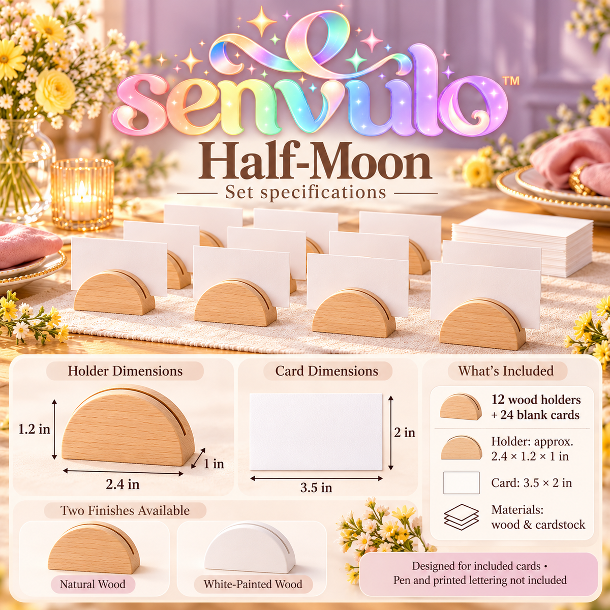 senvulo™ Half-Moon Wood Place Card Holders with Blank Cards, 12-Pack Table Number and Buffet Label Stands for Weddings, Showers and Dinner Parties