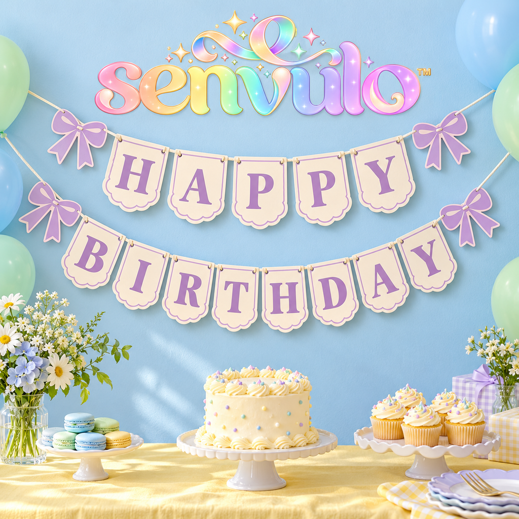 senvulo™ Scallop Letter Happy Birthday Banner, 2-Strand Cardstock Garland with Bow Accents for Birthday Party Walls and Dessert Tables