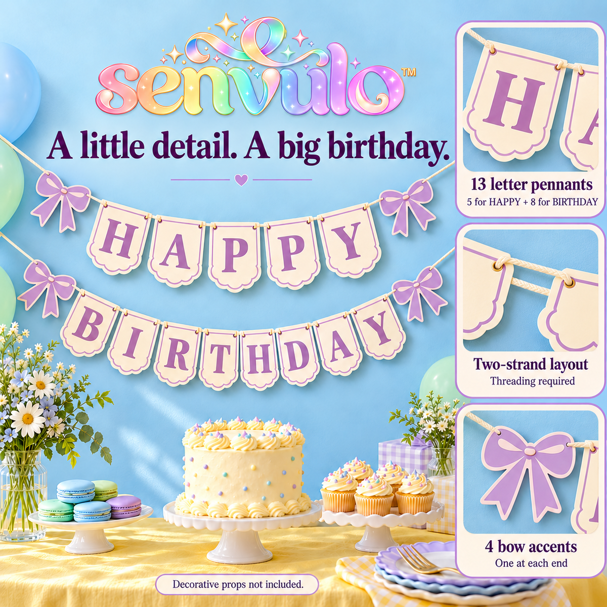 senvulo™ Scallop Letter Happy Birthday Banner, 2-Strand Cardstock Garland with Bow Accents for Birthday Party Walls and Dessert Tables