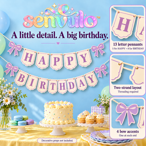 senvulo™ Scallop Letter Happy Birthday Banner, 2-Strand Cardstock Garland with Bow Accents for Birthday Party Walls and Dessert Tables