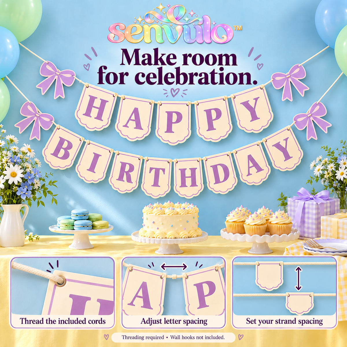 senvulo™ Scallop Letter Happy Birthday Banner, 2-Strand Cardstock Garland with Bow Accents for Birthday Party Walls and Dessert Tables