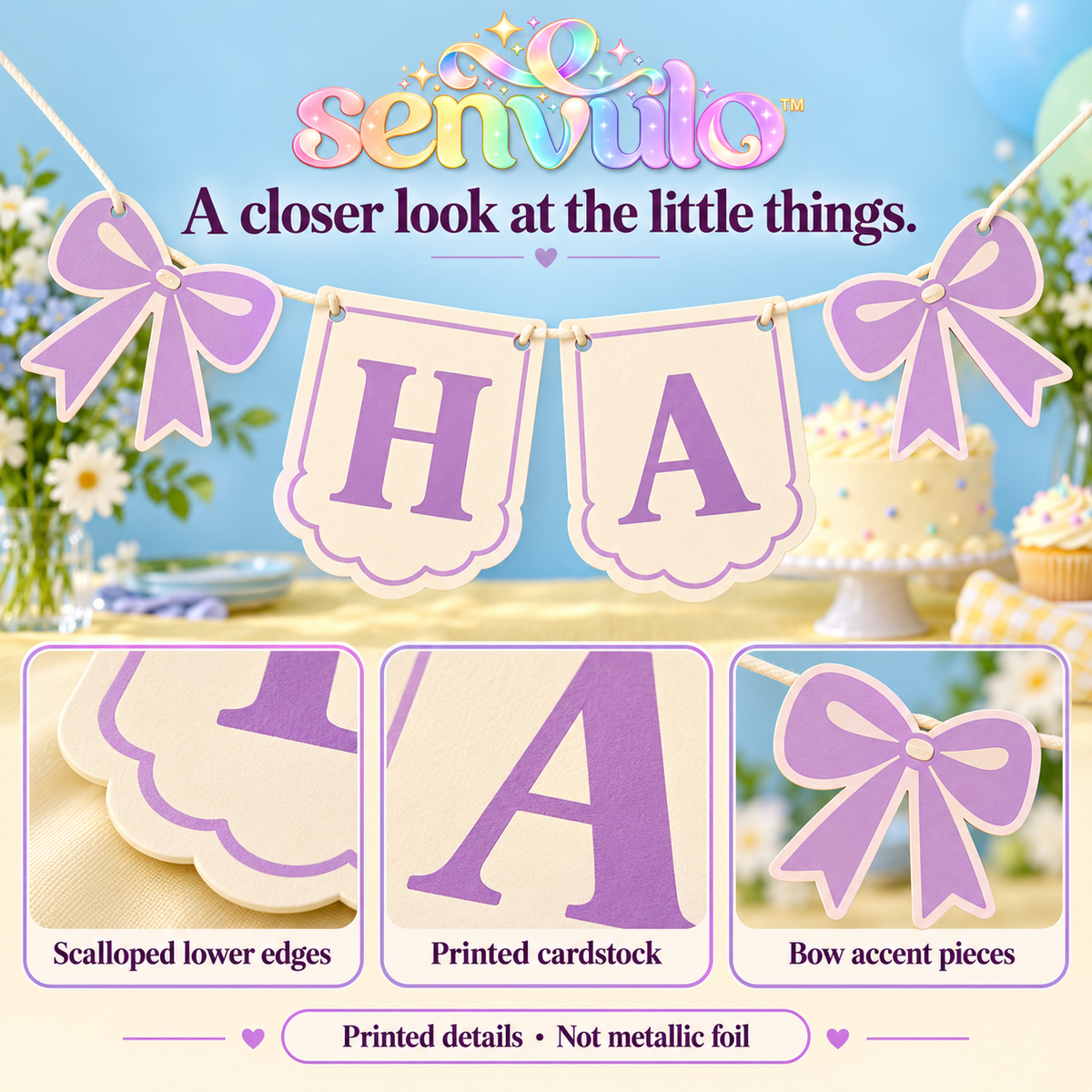 senvulo™ Scallop Letter Happy Birthday Banner, 2-Strand Cardstock Garland with Bow Accents for Birthday Party Walls and Dessert Tables