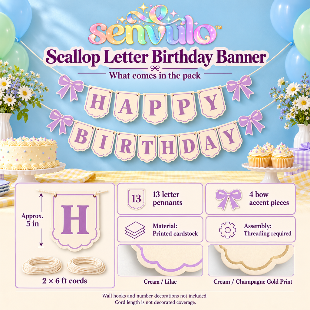 senvulo™ Scallop Letter Happy Birthday Banner, 2-Strand Cardstock Garland with Bow Accents for Birthday Party Walls and Dessert Tables