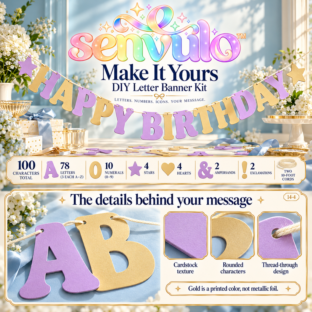senvulo™ Make It Yours DIY Letter Banner Kit, 100 Cardstock Letters, Numbers and Symbols for Custom Birthday, Graduation and Shower Garlands