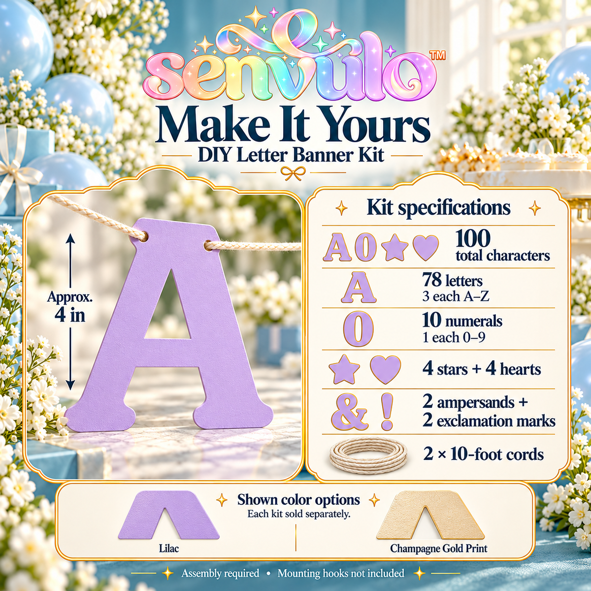 senvulo™ Make It Yours DIY Letter Banner Kit, 100 Cardstock Letters, Numbers and Symbols for Custom Birthday, Graduation and Shower Garlands
